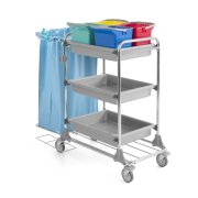 Trolley Tecno 96 with bag holder, 3 trays, 4x6L buckets.